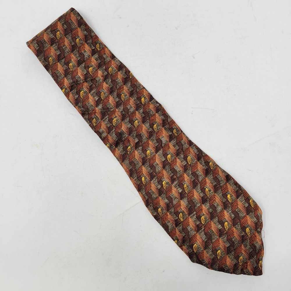 Ermenegildo Zegna Mens Silk Tie Geometric Block Feather Brown Orange Italy